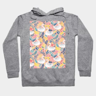 Whimsical White Swans with Lots of Leaves on Peach Pink Hoodie